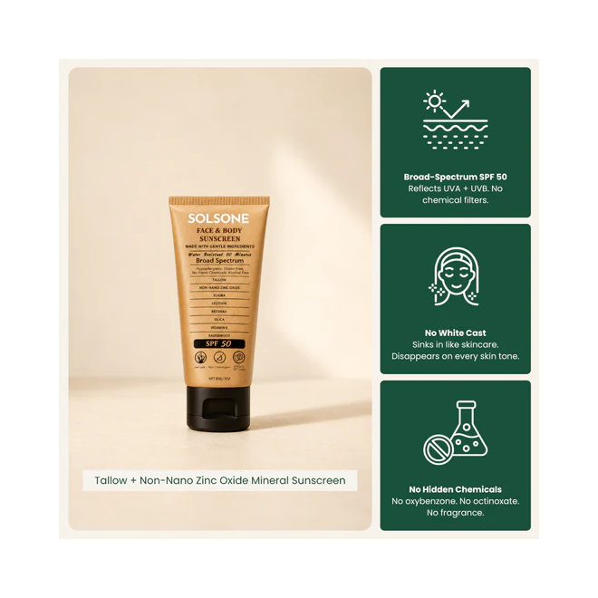Solsone Bioshield SPF 50 product and feature card